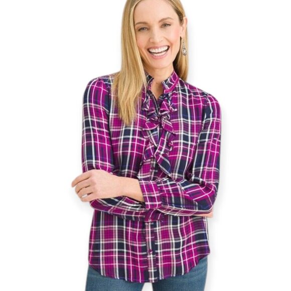 Chico's Purple Navy Ruffled Plaid Button Down Blouse Size 2 - Large Womens - Picture 1 of 11